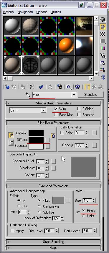 Стандартный визуализатор scanline с материалом wire
